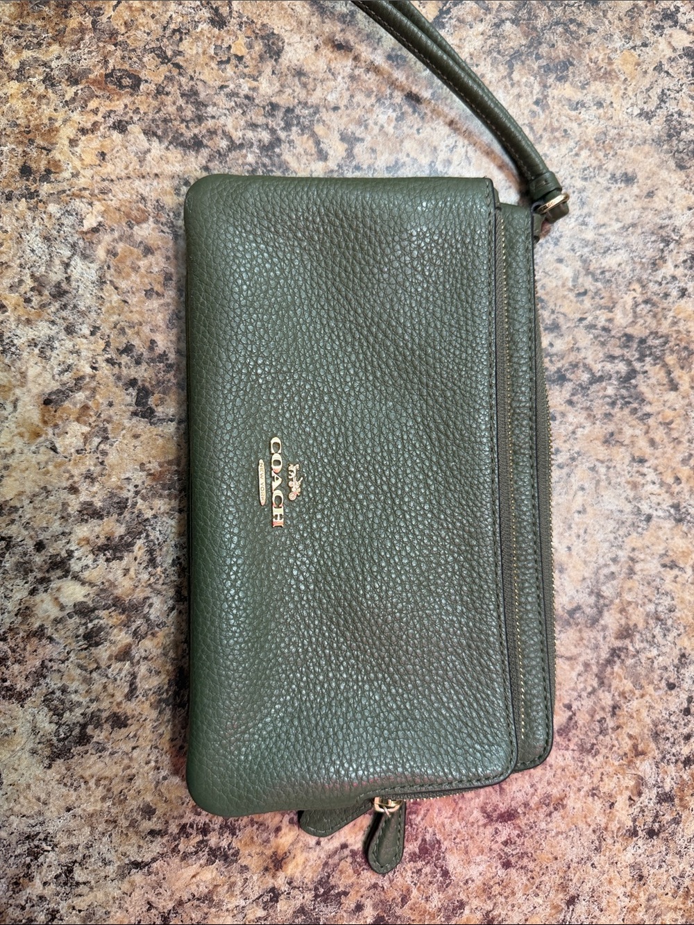 Green Coach Leather Wristlet Clutch with Gold Accents